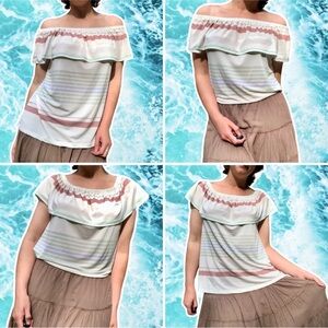Off-Shoulder Peasant Top with Ruffle and Terracotta and Aqua Stripes, Size M